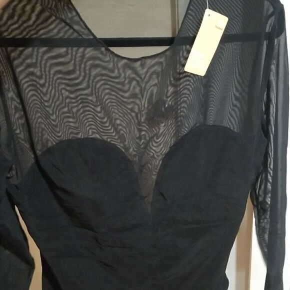 New Popilush Sheer Mesh Shapewear Long Sleeve Thong Bodysuit in Black - Picture 7 of 14